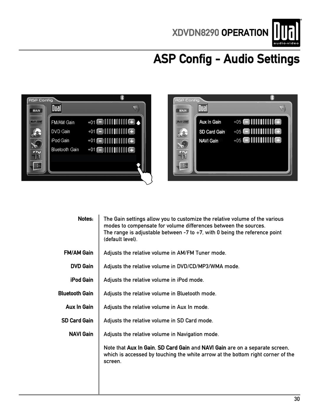 Dual XDVDN8290 owner manual ASP Config Audio Settings 