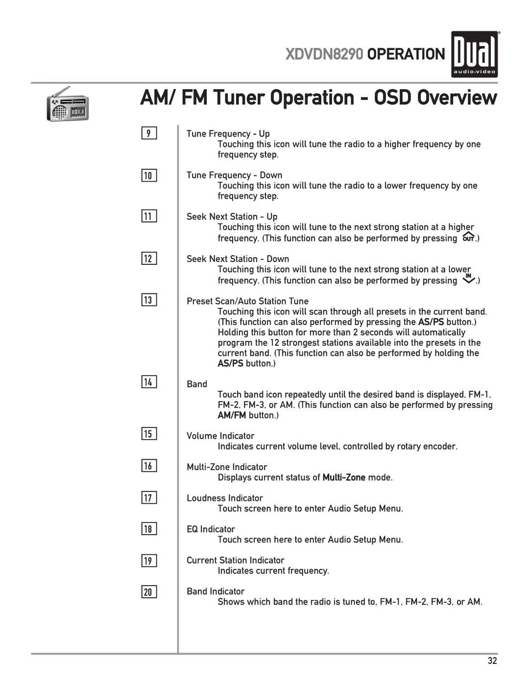 Dual XDVDN8290 owner manual AM/ FM Tuner Operation OSD Overview, Seek Next Station Down 