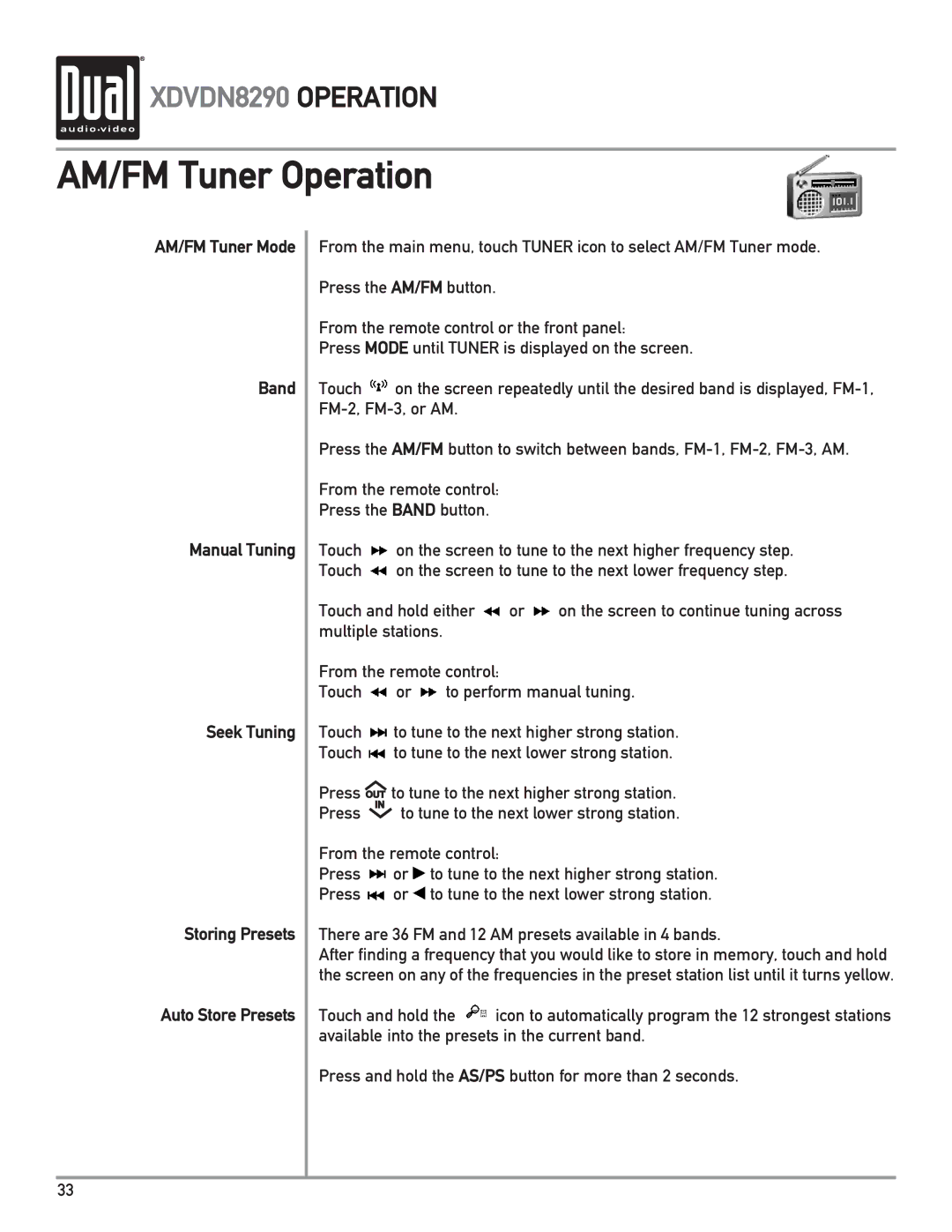 Dual XDVDN8290 owner manual AM/FM Tuner Operation 