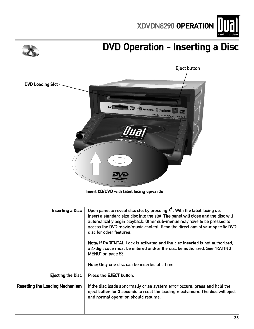 Dual XDVDN8290 owner manual DVD Operation Inserting a Disc, Eject button 