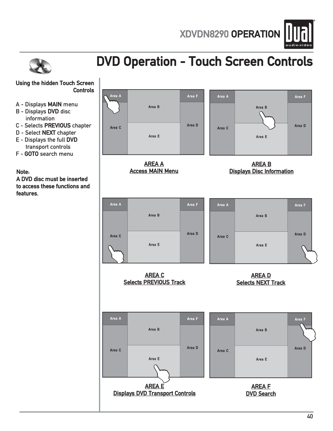 Dual XDVDN8290 Access Main Menu, Selects Previous Track, Displays Disc Information, Selects Next Track, DVD Search 