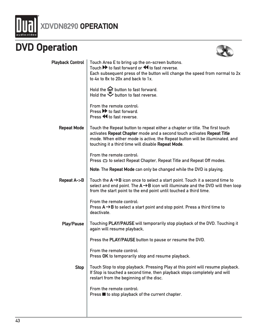 Dual XDVDN8290 owner manual DVD Operation, Playback Control Repeat Mode Repeat A-B Play/Pause Stop 