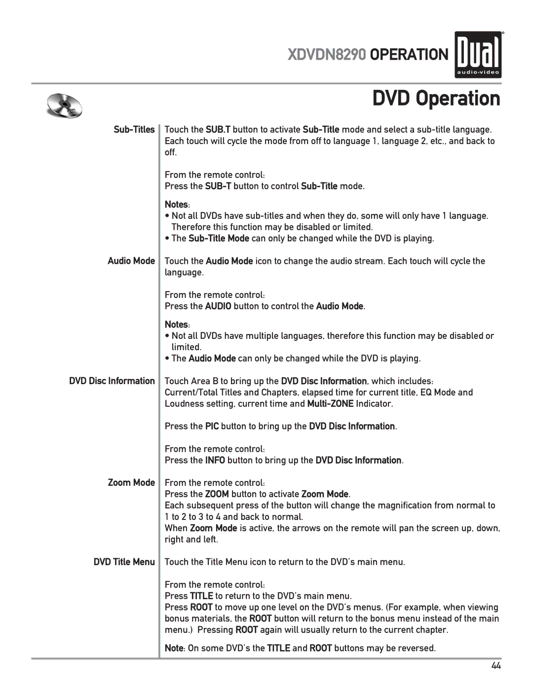 Dual XDVDN8290 owner manual Sub-Titles Audio Mode, Zoom Mode 