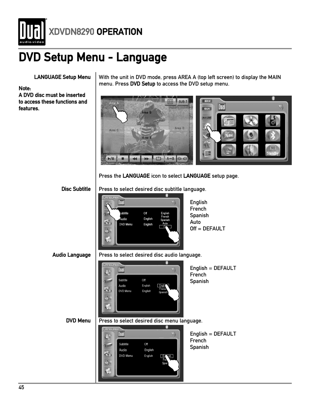 Dual XDVDN8290 owner manual DVD Setup Menu Language 