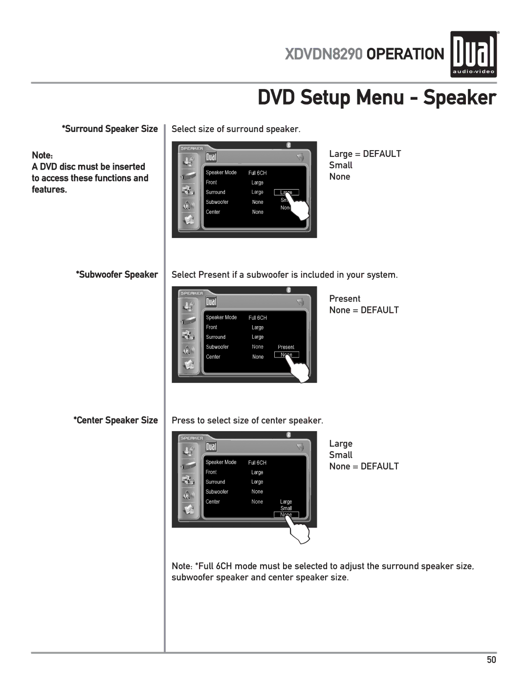 Dual XDVDN8290 owner manual DVD Setup Menu Speaker 