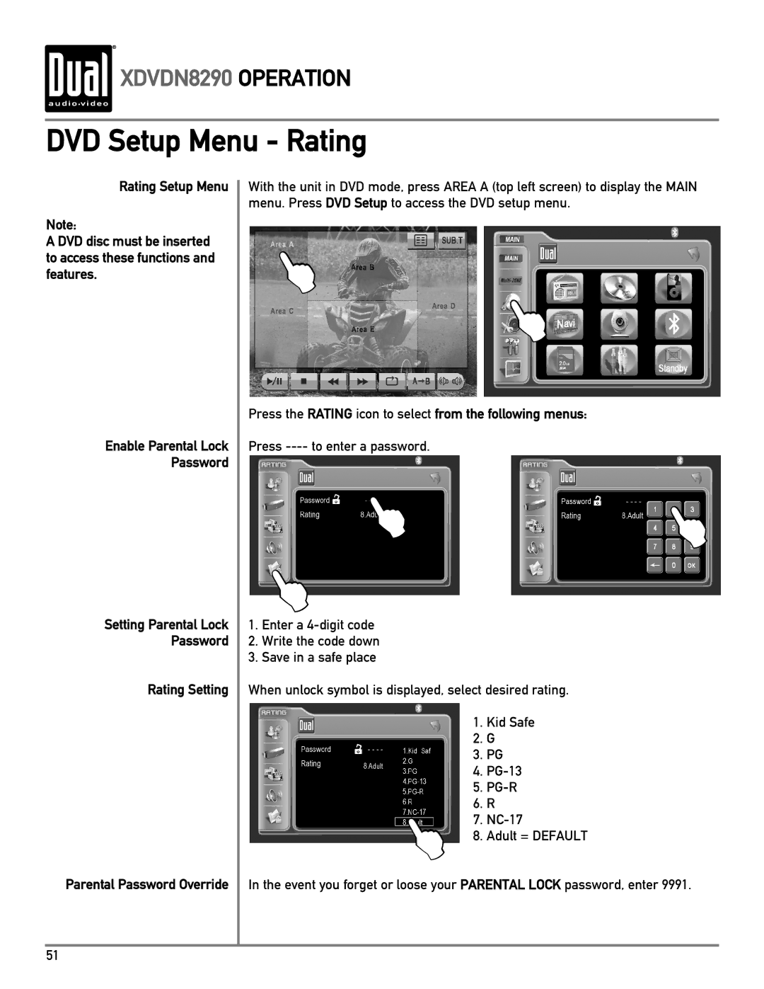 Dual XDVDN8290 owner manual DVD Setup Menu Rating, Press the Rating icon to select from the following menus 