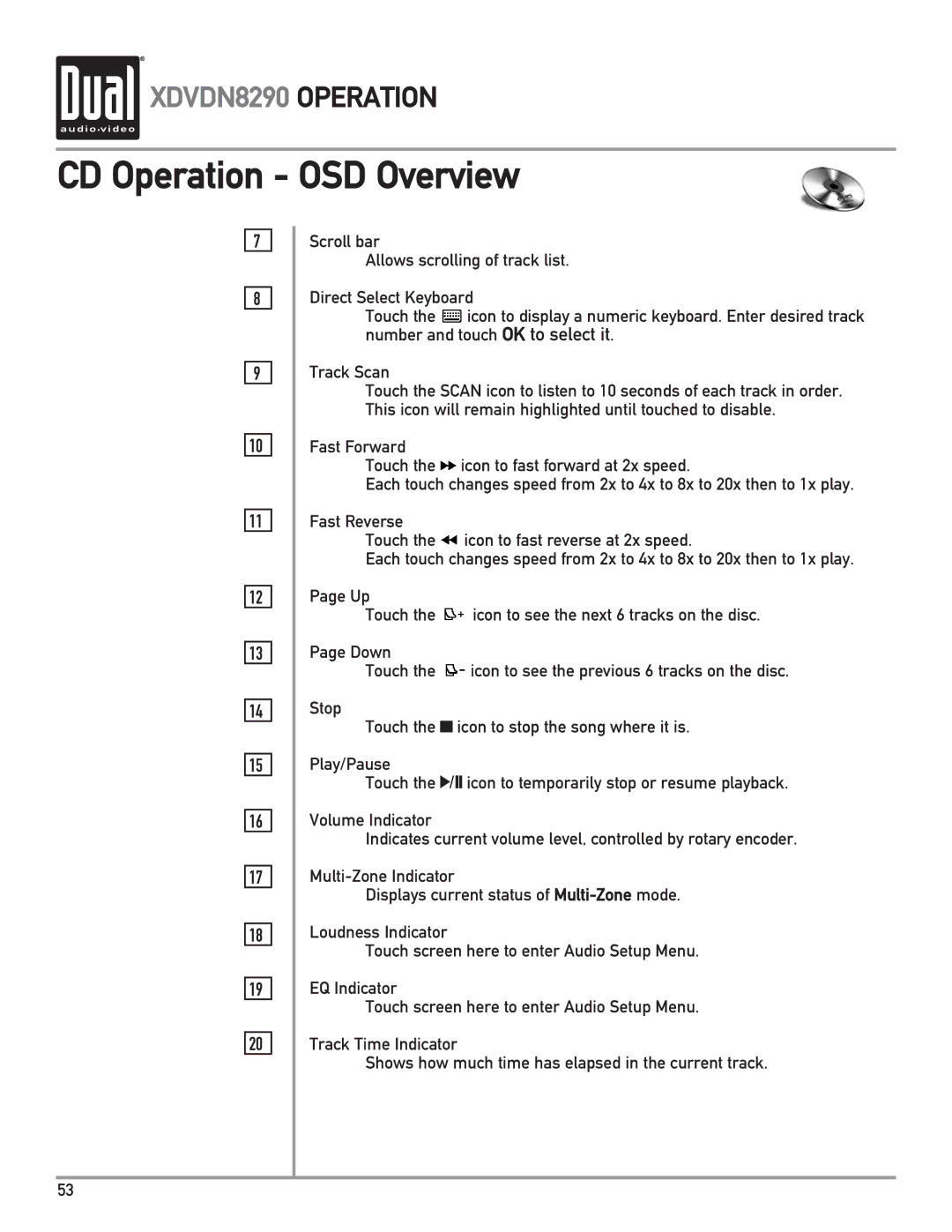 Dual XDVDN8290 owner manual CD Operation OSD Overview 