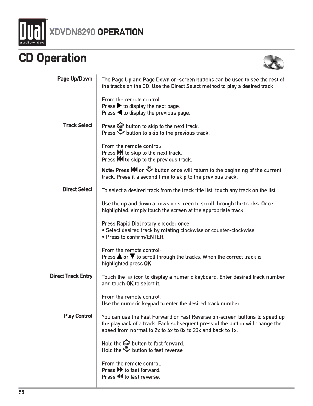 Dual XDVDN8290 owner manual CD Operation 