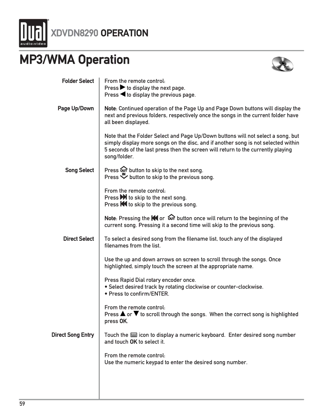 Dual XDVDN8290 owner manual MP3/WMA Operation 