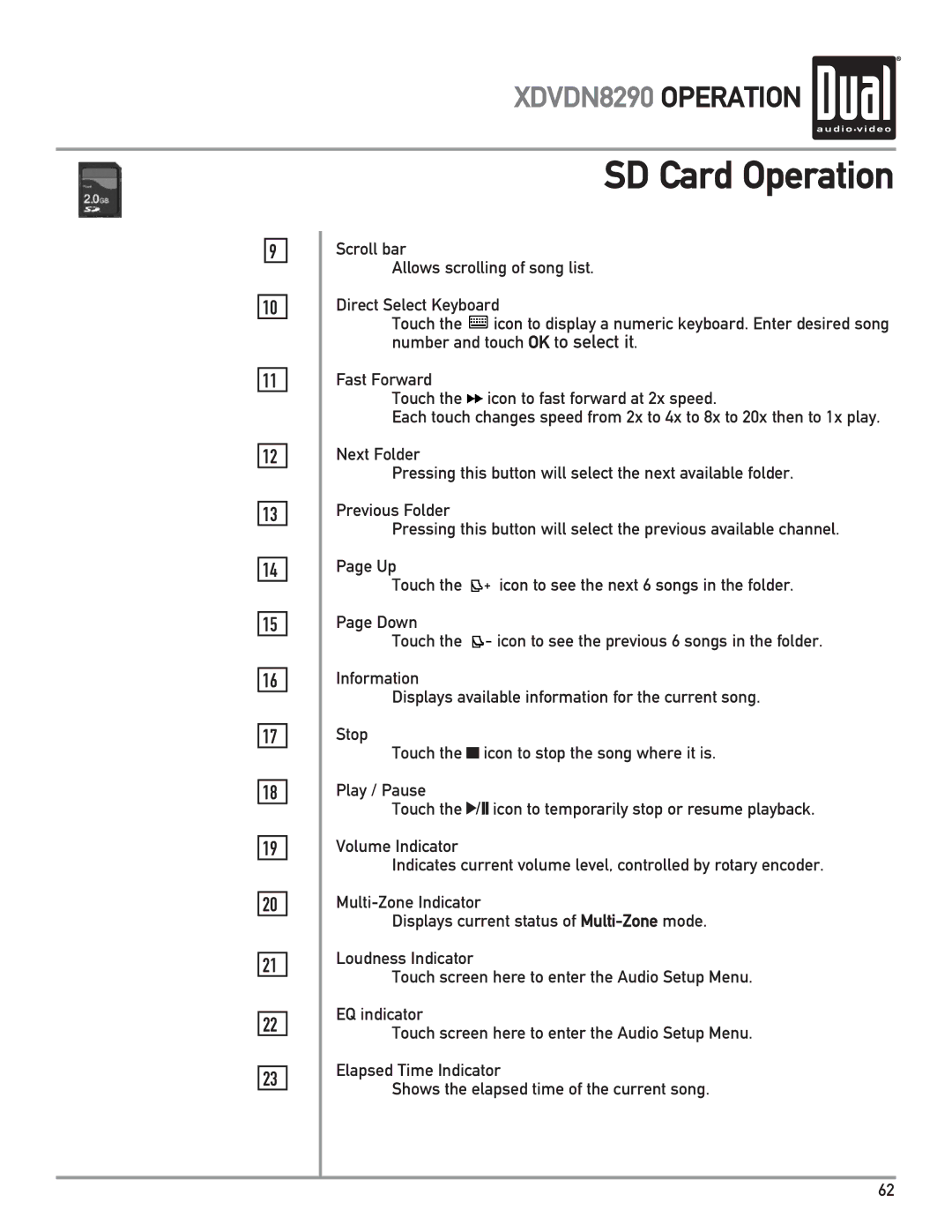 Dual XDVDN8290 owner manual SD Card Operation 