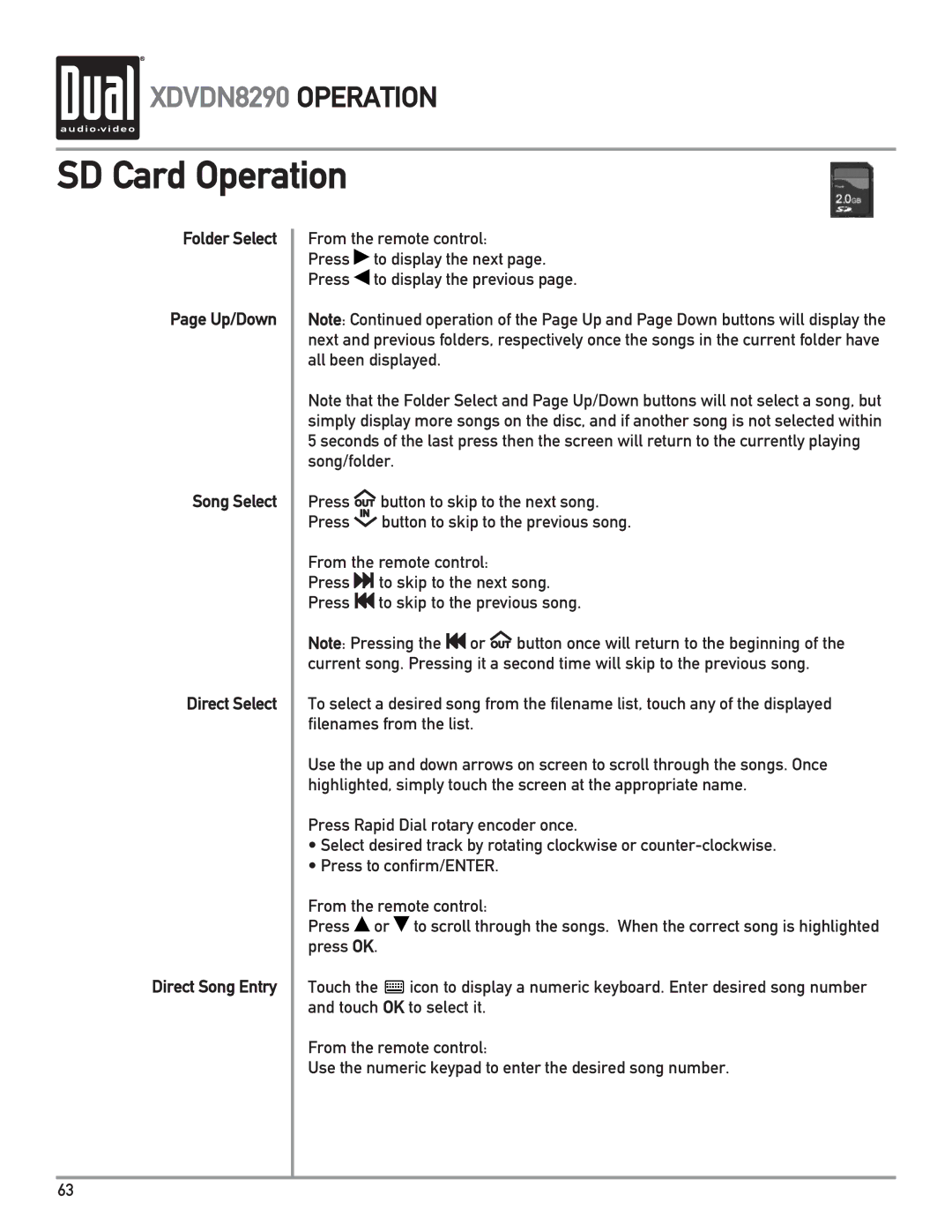 Dual XDVDN8290 owner manual SD Card Operation 