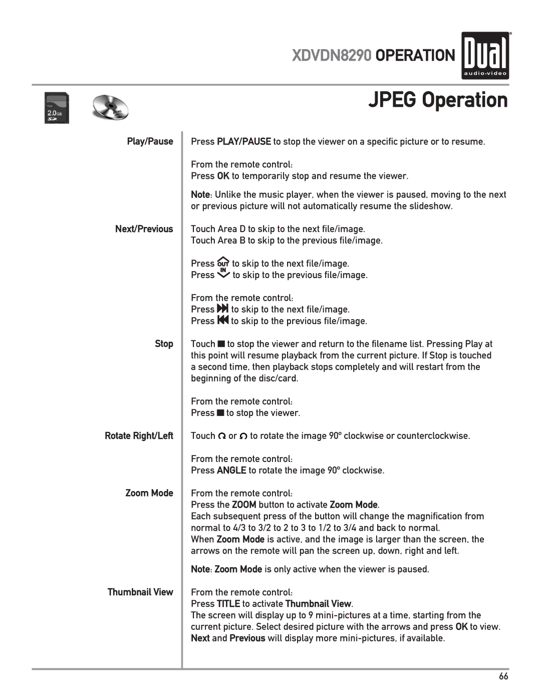 Dual XDVDN8290 owner manual Jpeg Operation, Press Title to activate Thumbnail View 