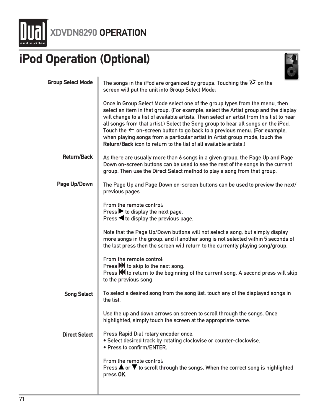 Dual XDVDN8290 owner manual IPod Operation Optional 