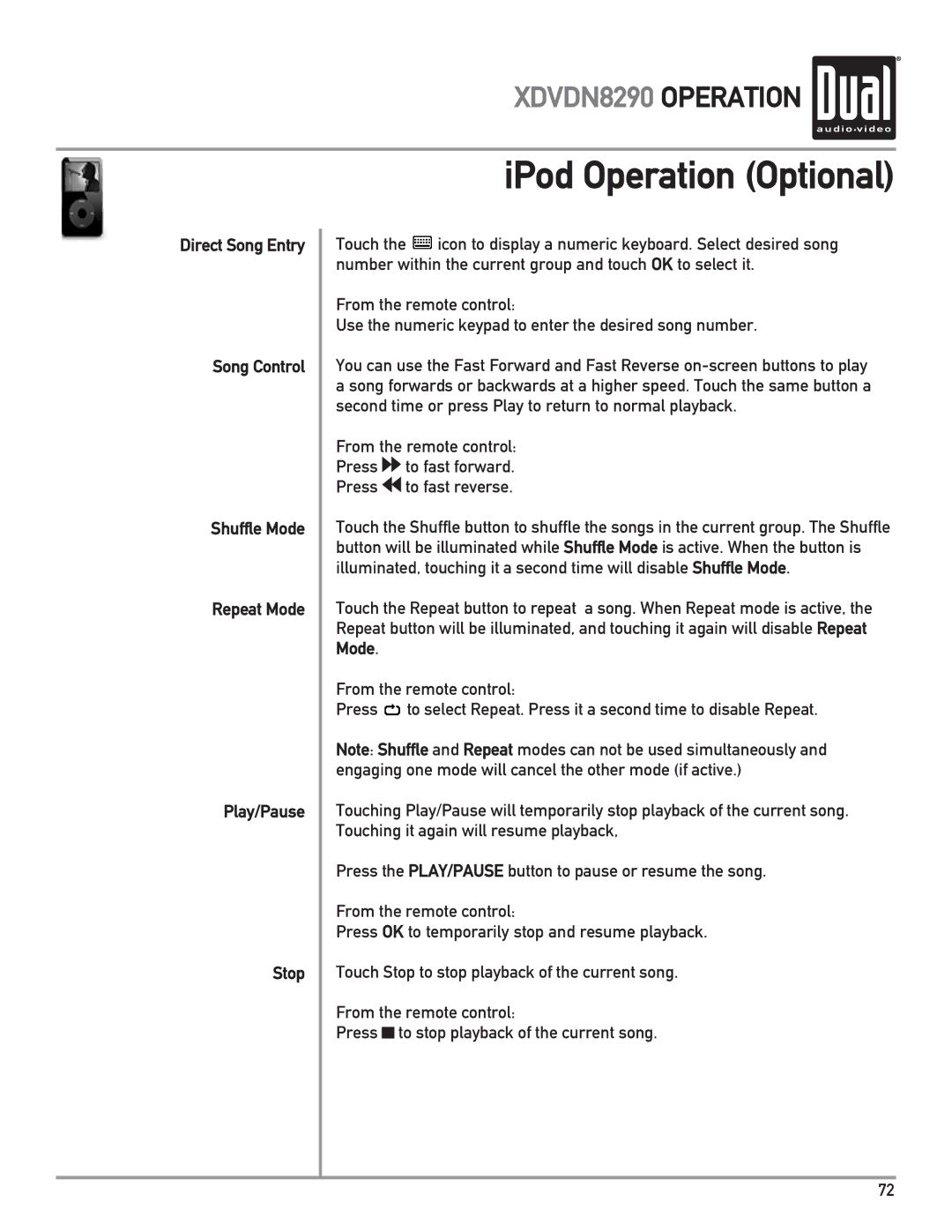 Dual XDVDN8290 owner manual IPod Operation Optional 