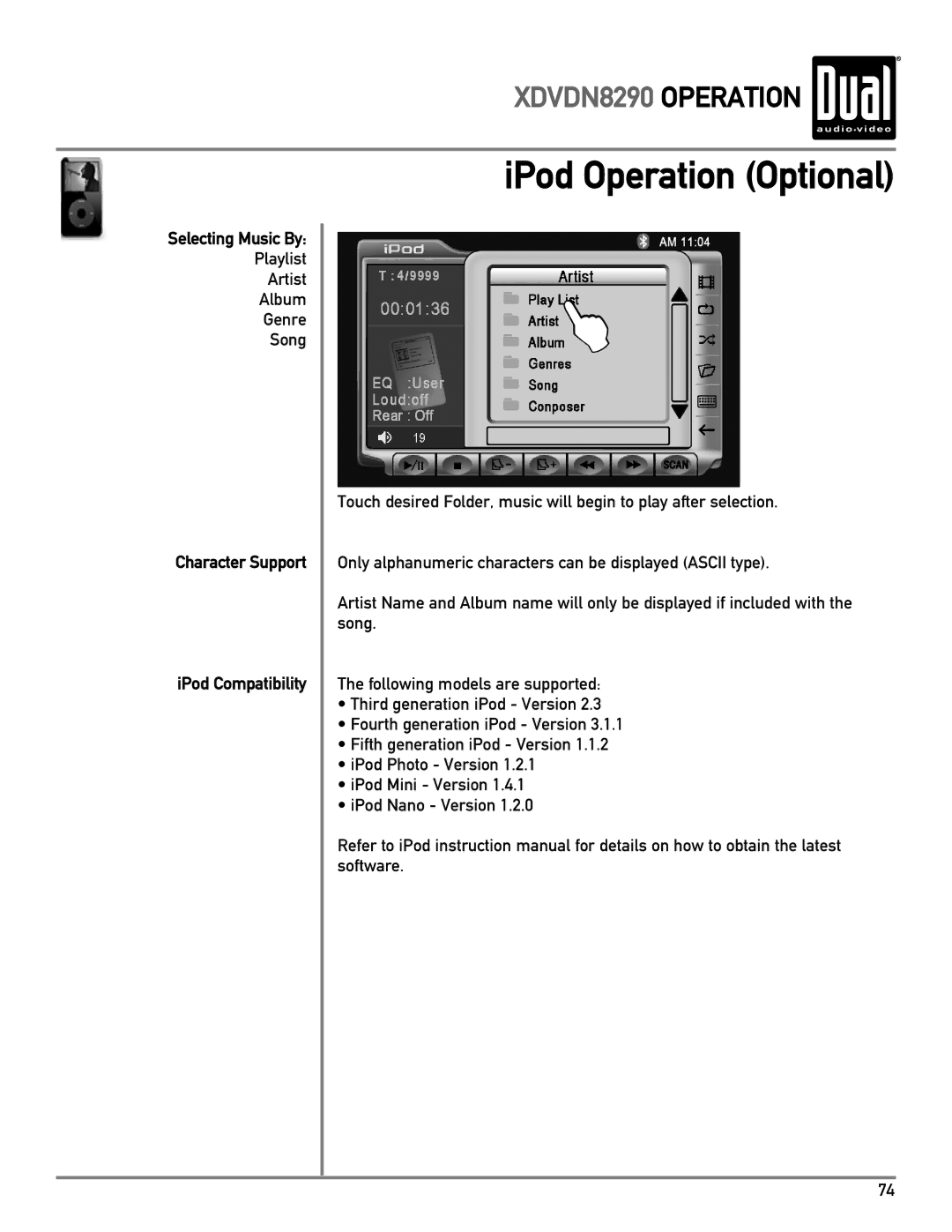 Dual XDVDN8290 owner manual Selecting Music By, Character Support IPod Compatibility 