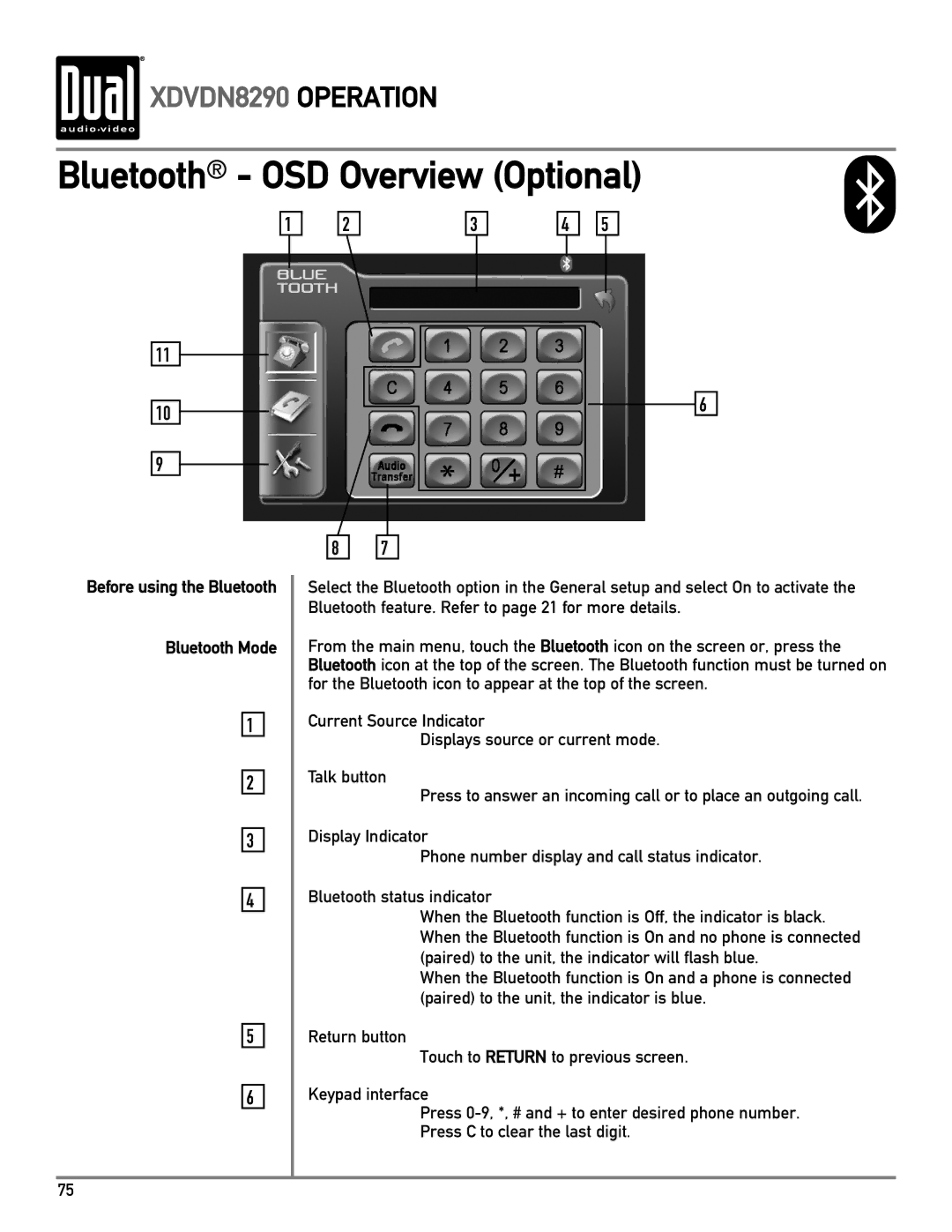 Dual XDVDN8290 owner manual Bluetooth OSD Overview Optional, Bluetooth Mode 