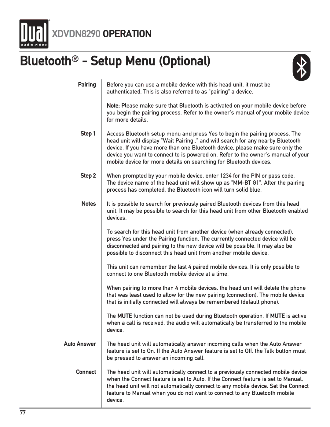 Dual XDVDN8290 owner manual Bluetooth Setup Menu Optional, Pairing Step Auto Answer Connect 