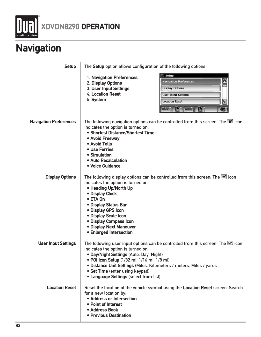 Dual XDVDN8290 owner manual Day/Night Settings Auto, Day, Night, Language Settings select from list 