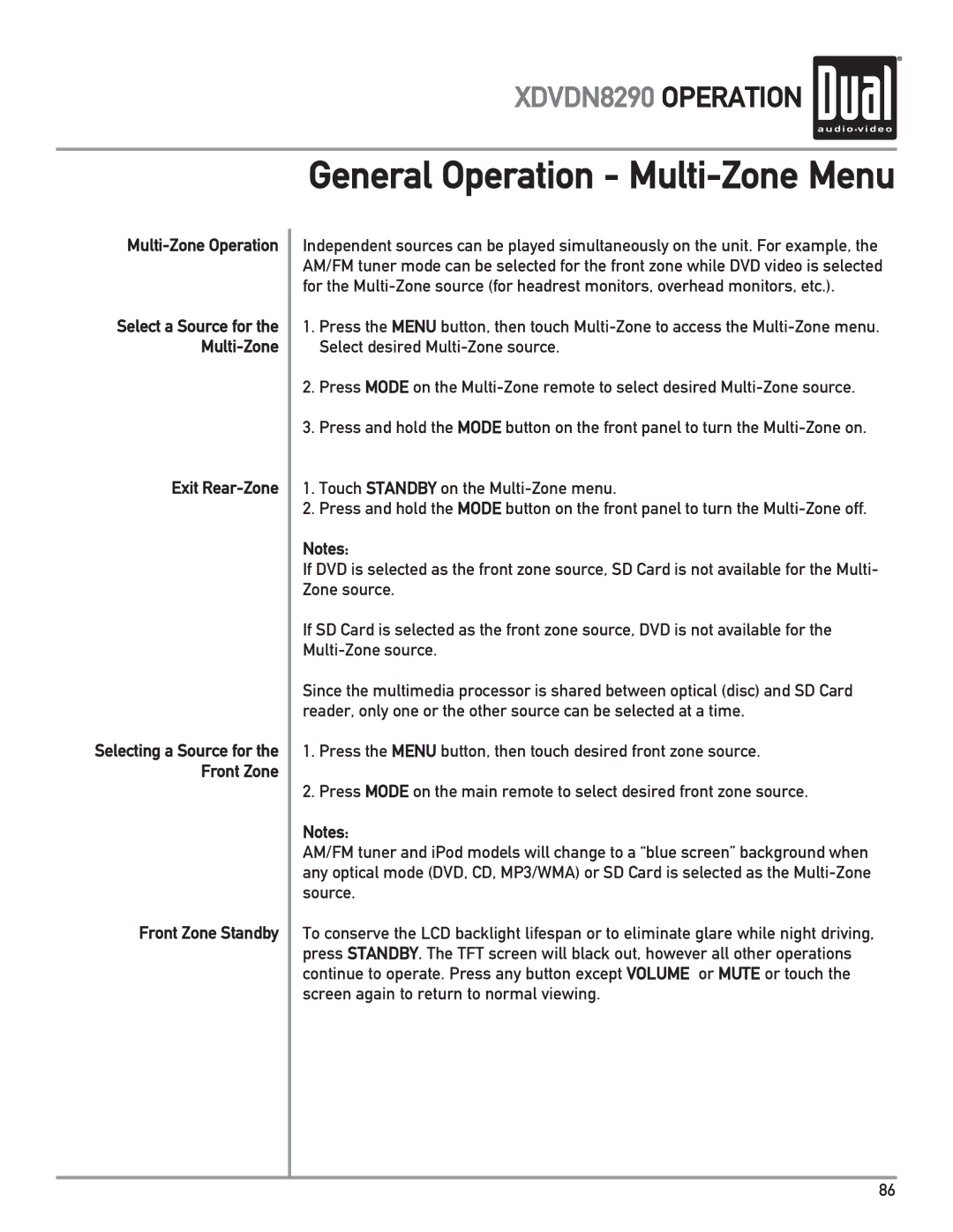 Dual XDVDN8290 owner manual General Operation Multi-Zone Menu, Multi-Zone Operation, Exit Rear-Zone, Front Zone Standby 