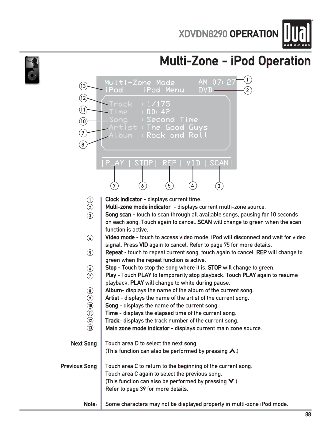 Dual XDVDN8290 owner manual Multi-Zone iPod Operation, Next Song Previous Song 