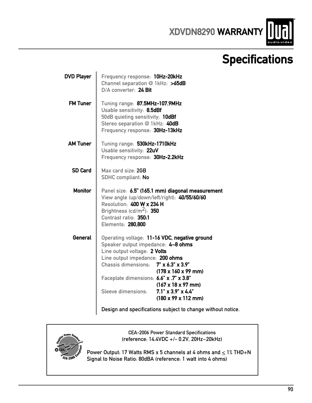 Dual XDVDN8290 owner manual Specifications 