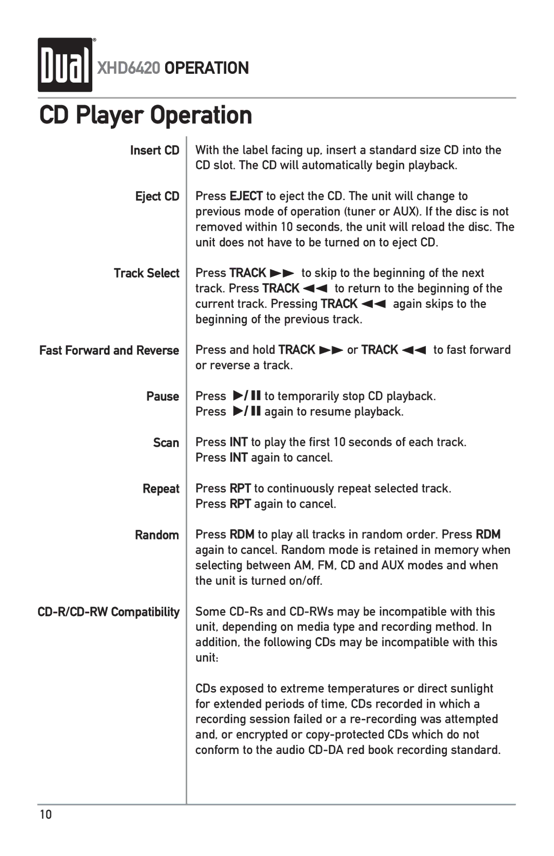 Dual XHD6420 owner manual CD Player Operation 