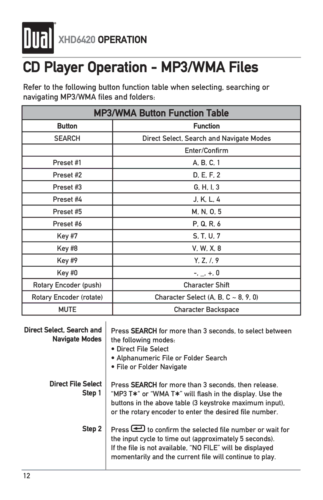 Dual XHD6420 owner manual CD Player Operation MP3/WMA Files, Direct File Select Step 