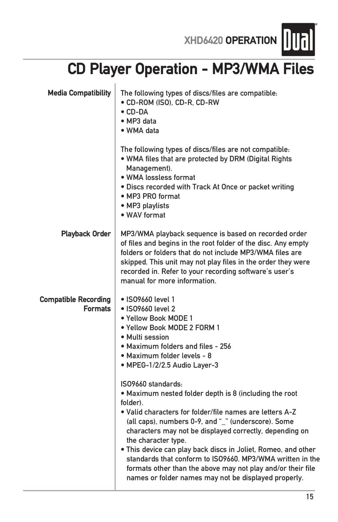 Dual XHD6420 owner manual Media Compatibility, Playback Order, Formats 