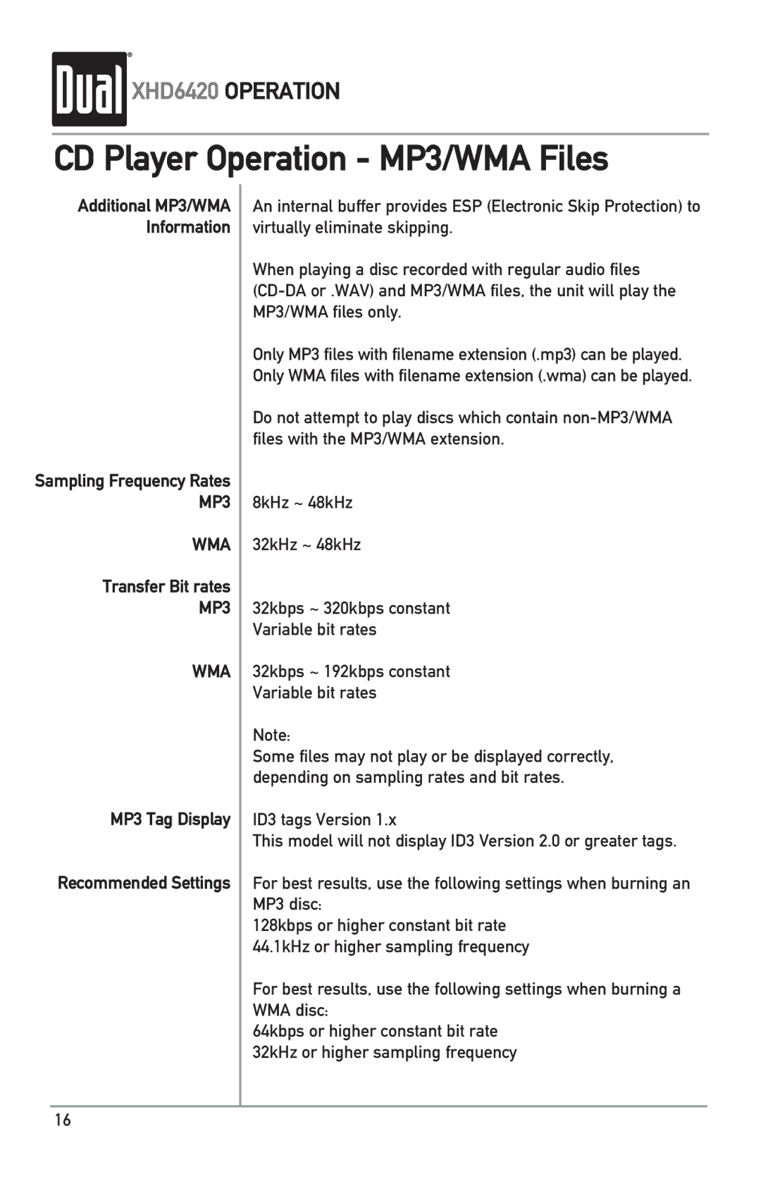 Dual XHD6420 owner manual Transfer Bit rates, MP3 Tag Display Recommended Settings 