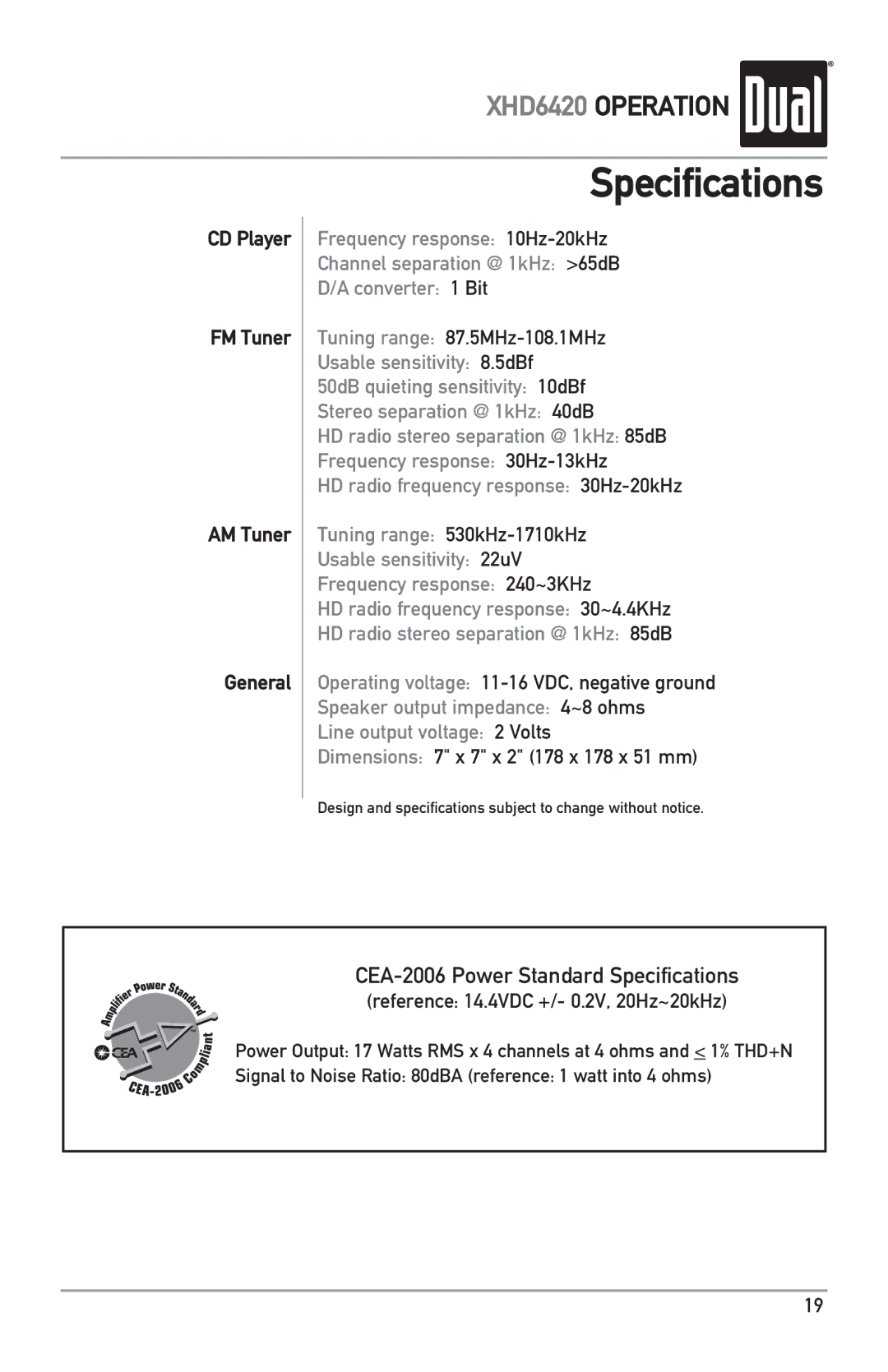 Dual XHD6420 owner manual Specifications, CD Player FM Tuner AM Tuner General 