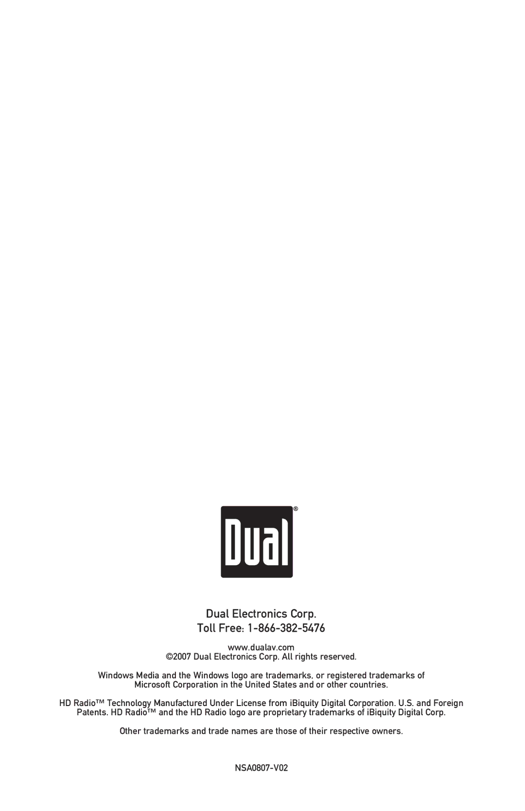 Dual XHD6420 owner manual Dual Electronics Corp Toll Free 