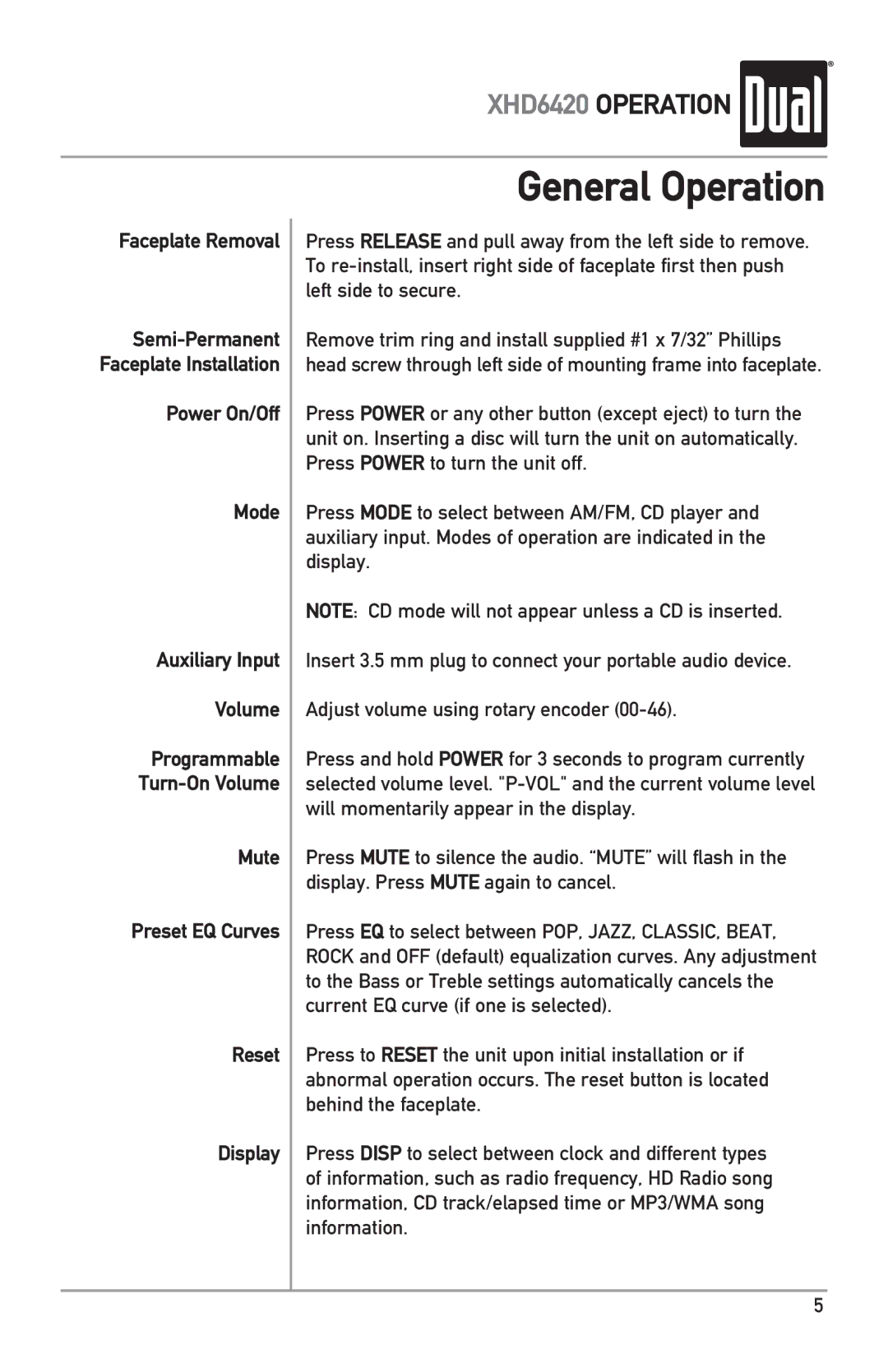 Dual XHD6420 owner manual General Operation, Faceplate Removal, Power On/Off Mode Auxiliary Input Volume 