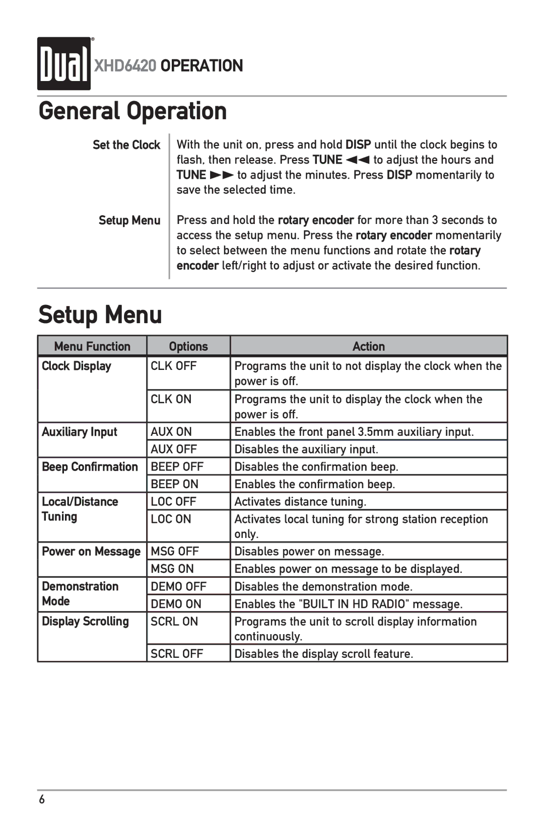 Dual XHD6420 owner manual Setup Menu 