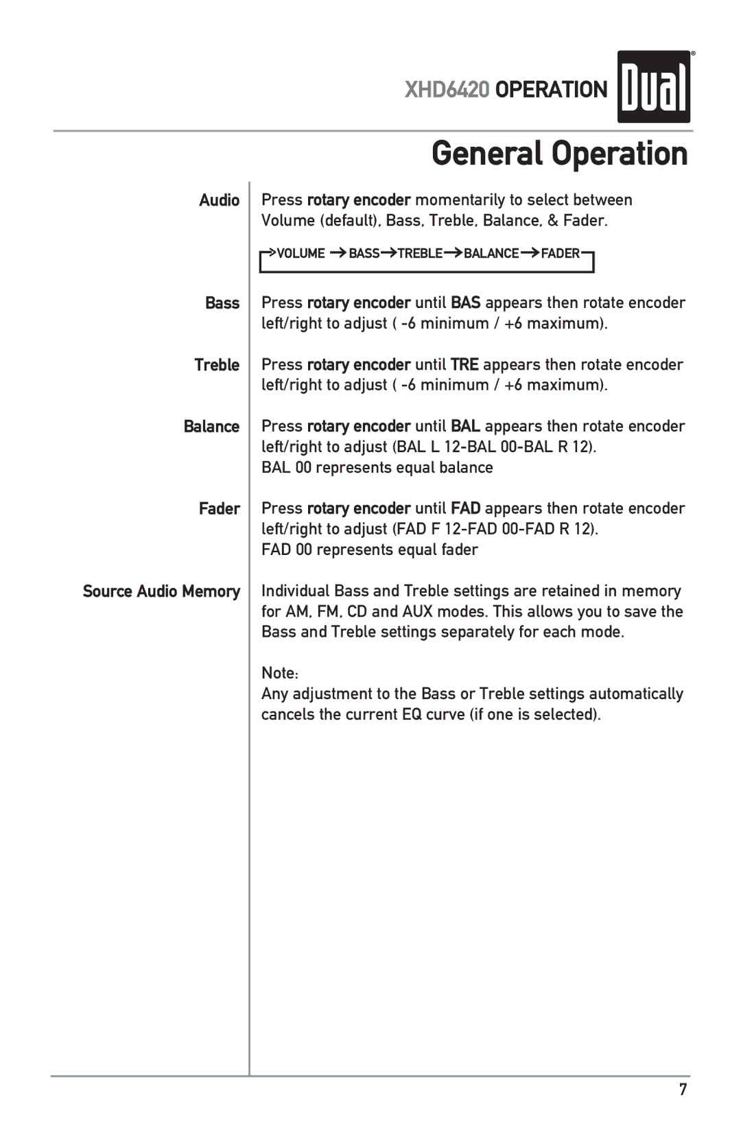 Dual XHD6420 owner manual Audio Bass Treble Balance Fader Source Audio Memory 
