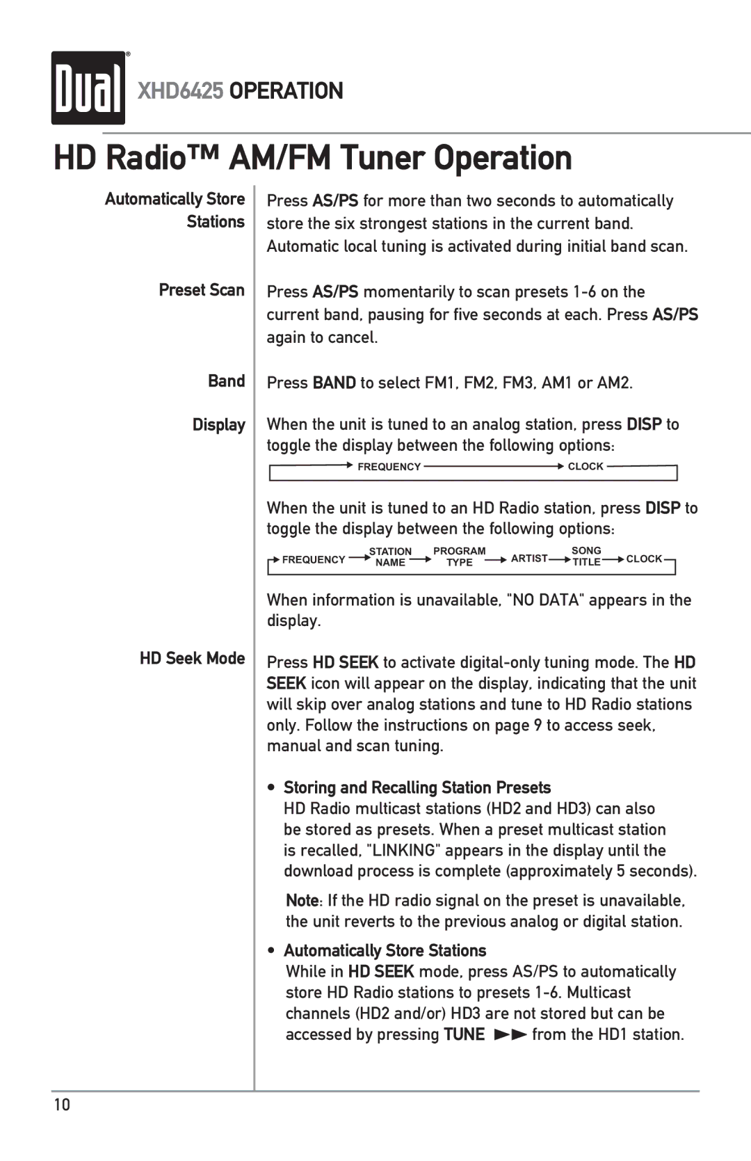 Dual XHD6425 HD Radio AM/FM Tuner Operation, Preset Scan Band Display HD Seek Mode, Storing and Recalling Station Presets 