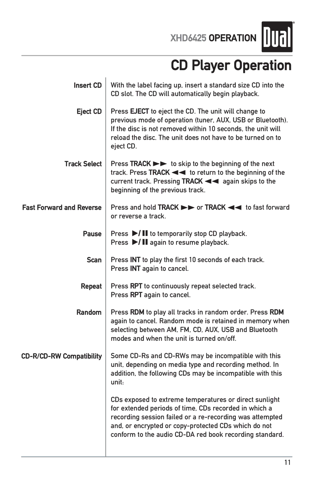 Dual XHD6425 owner manual CD Player Operation 