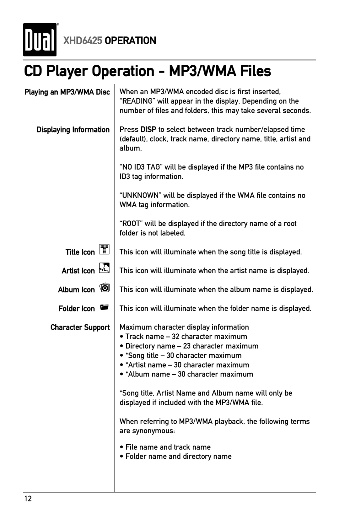 Dual XHD6425 owner manual CD Player Operation MP3/WMA Files 