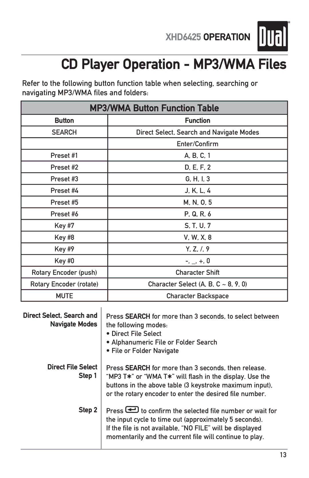 Dual XHD6425 owner manual CD Player Operation MP3/WMA Files, Direct File Select Step 