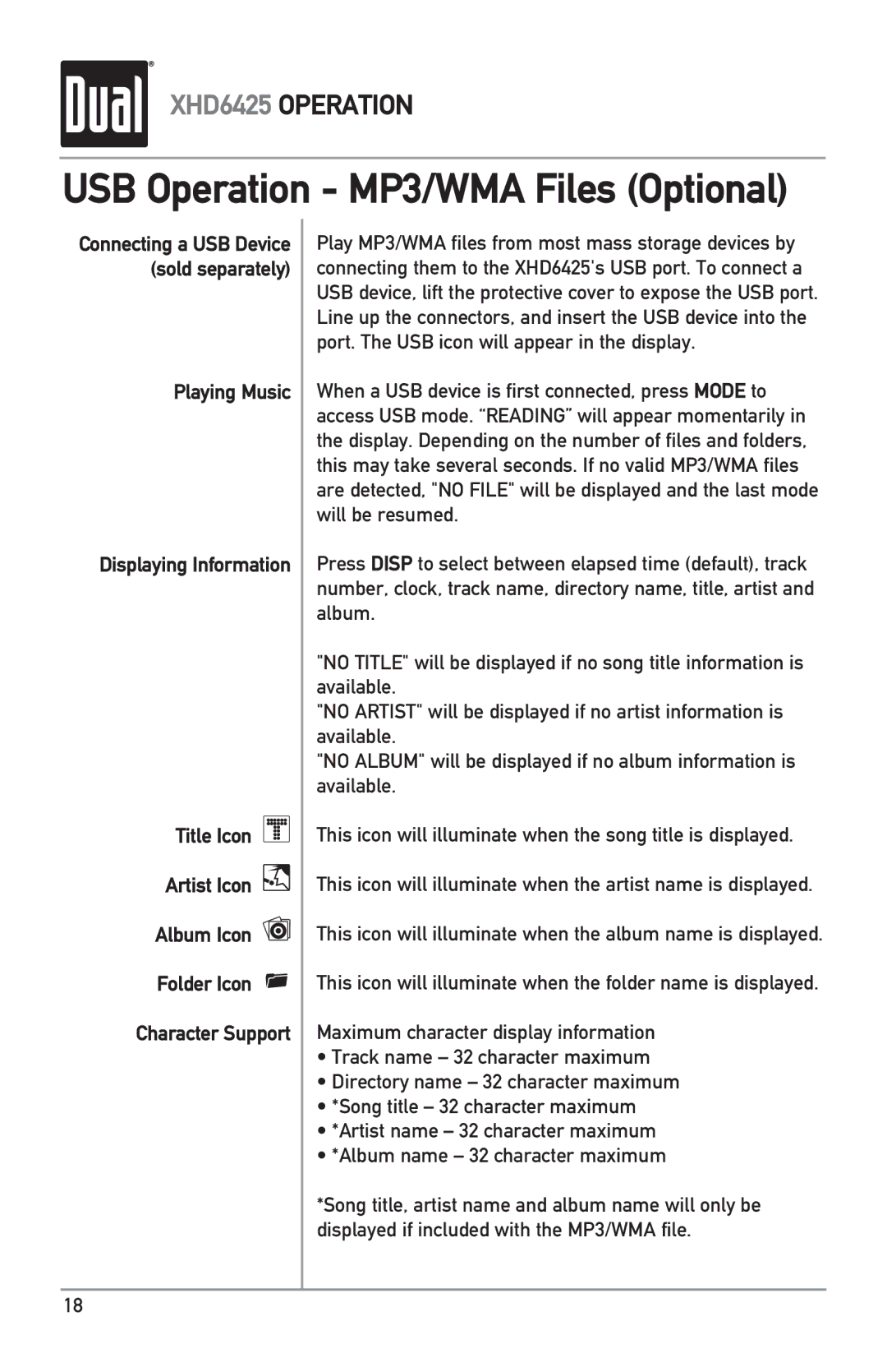 Dual XHD6425 owner manual USB Operation MP3/WMA Files Optional 