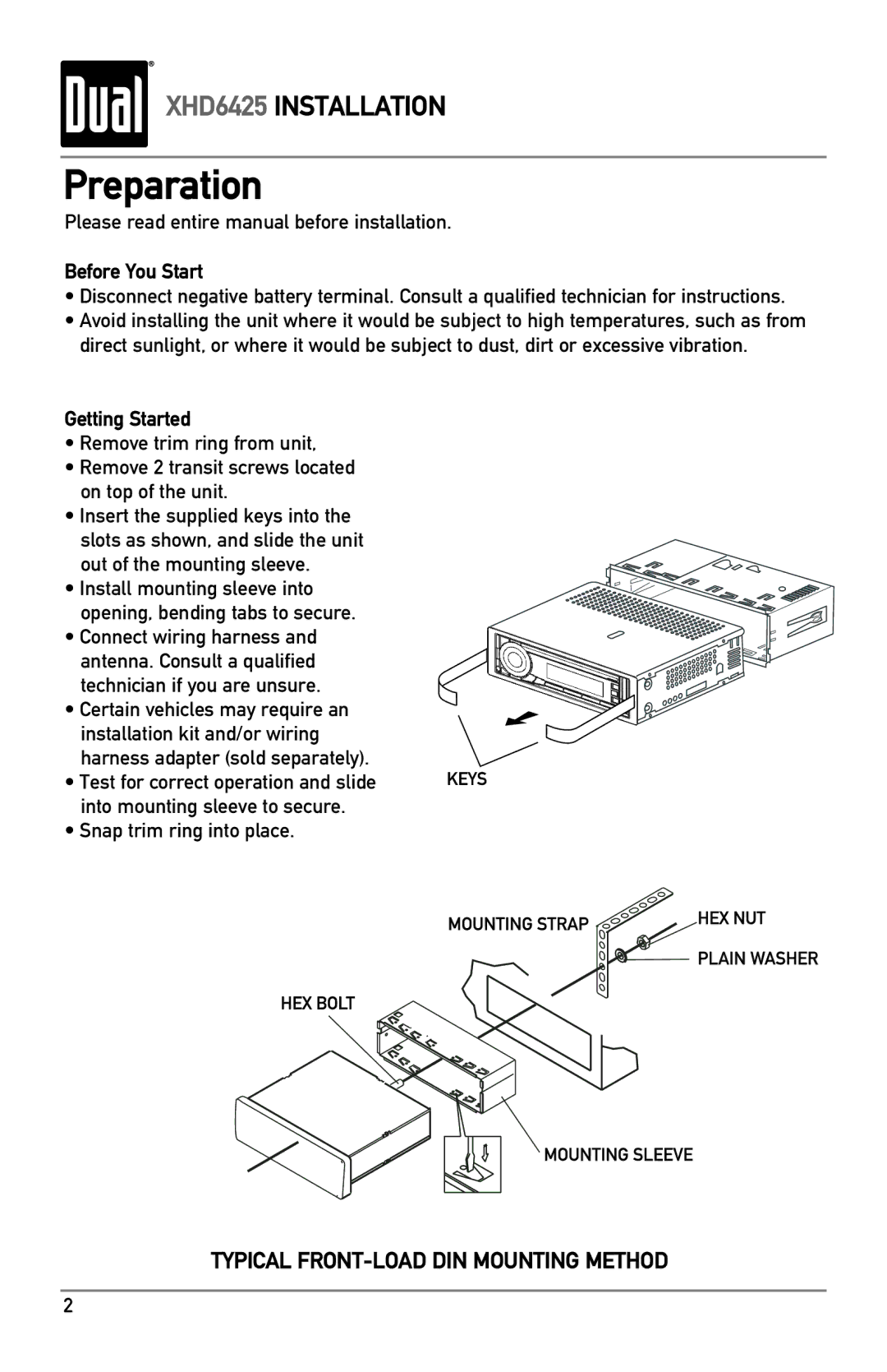 Dual XHD6425 owner manual Preparation, Please read entire manual before installation, Before You Start, Getting Started 