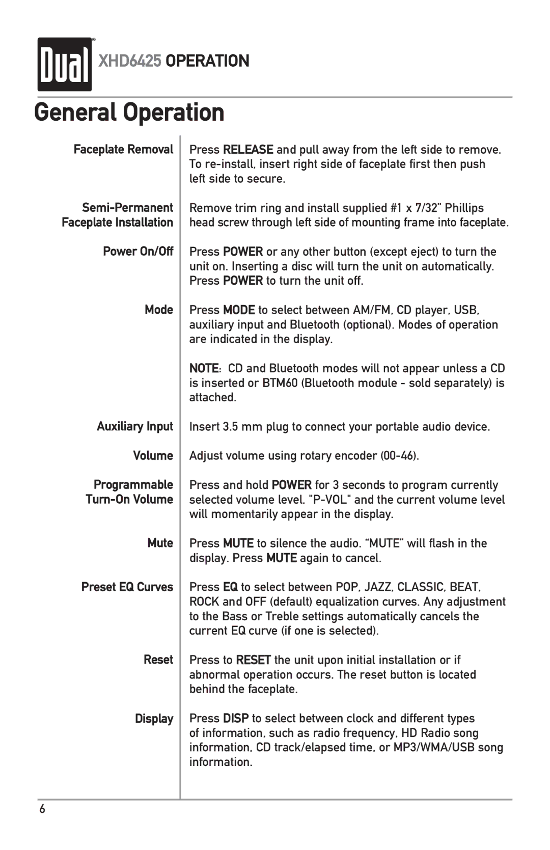 Dual XHD6425 owner manual General Operation, Faceplate Removal, Power On/Off Mode Auxiliary Input Volume 