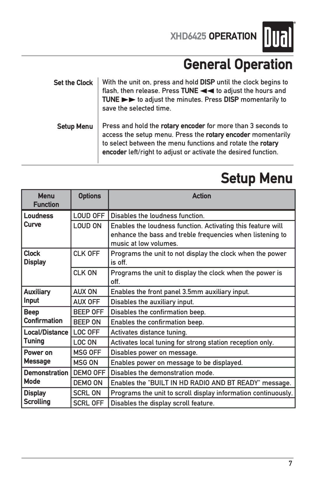 Dual XHD6425 Set the Clock Setup Menu, Menu Options Action Function Loudness, Curve, Auxiliary, Input, Beep, Confirmation 