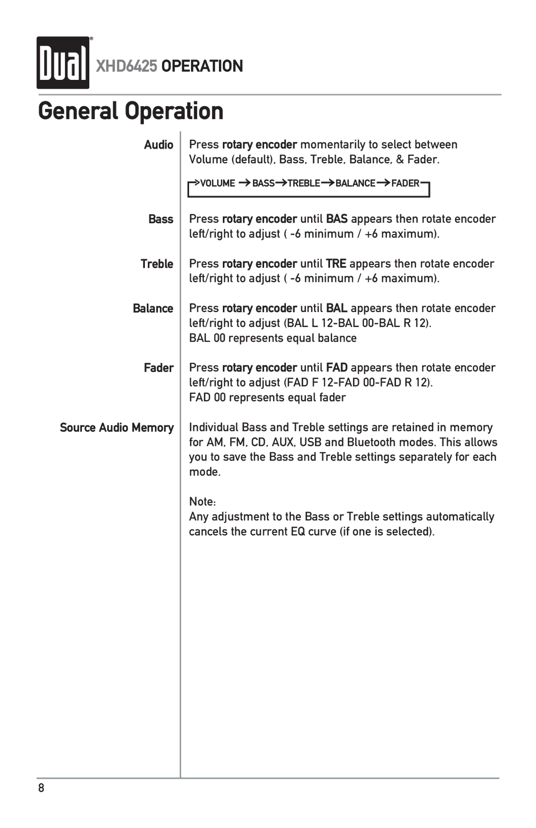 Dual XHD6425 owner manual Audio Bass Treble Balance Fader Source Audio Memory 