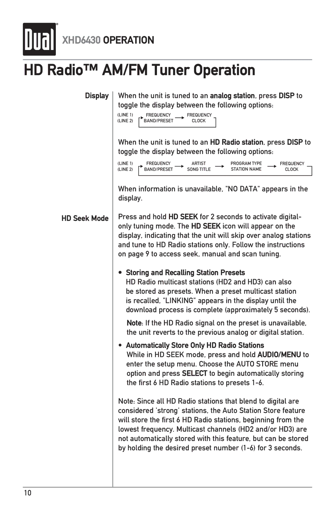 Dual XHD6430 owner manual HD Radio AM/FM Tuner Operation, Display HD Seek Mode, Storing and Recalling Station Presets 