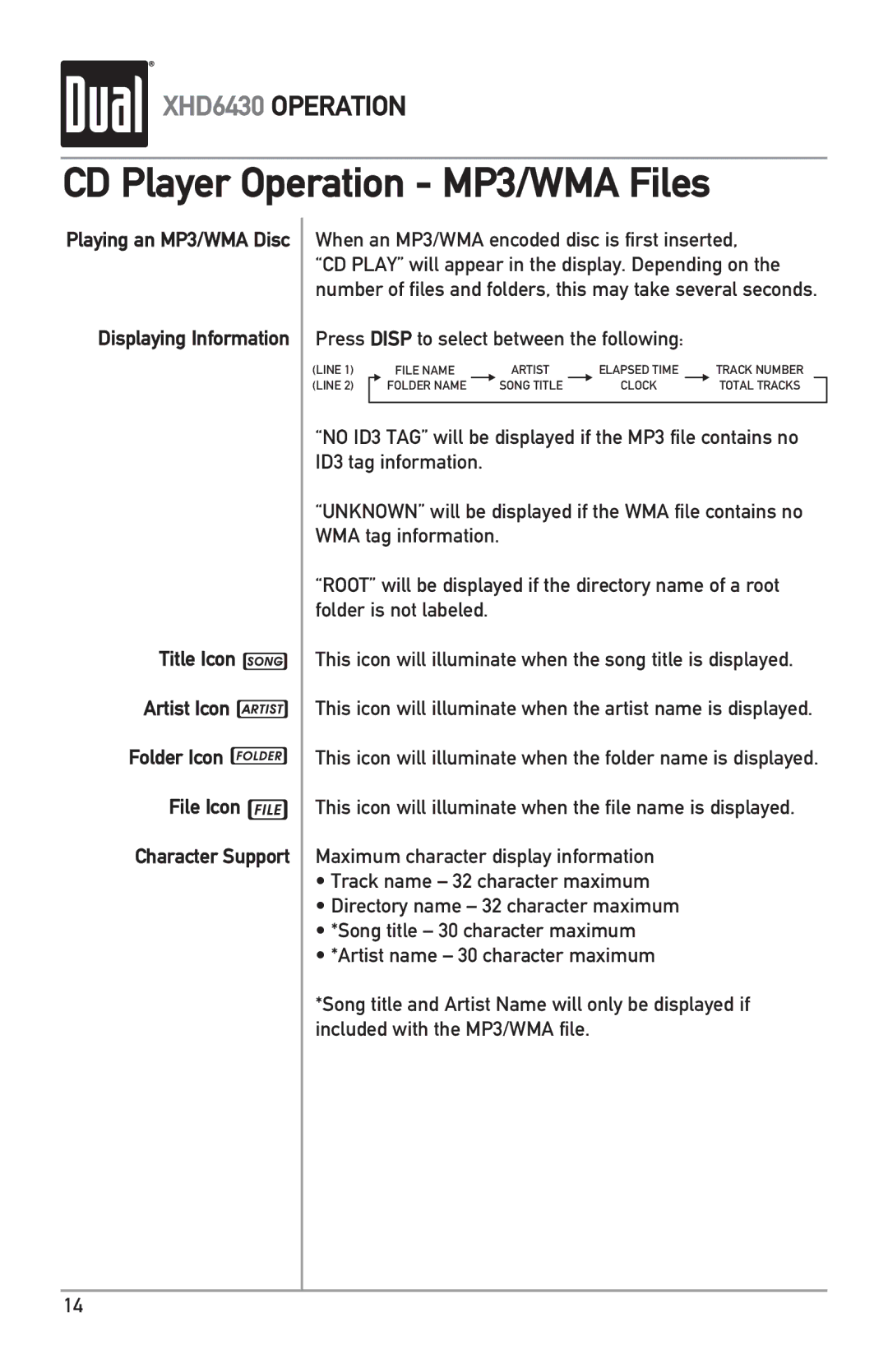 Dual XHD6430 owner manual CD Player Operation MP3/WMA Files, When an MP3/WMA encoded disc is first inserted 