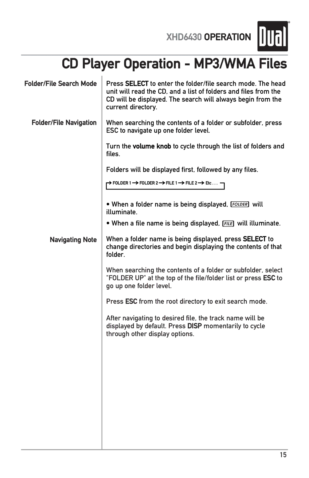 Dual XHD6430 owner manual CD Player Operation MP3/WMA Files 