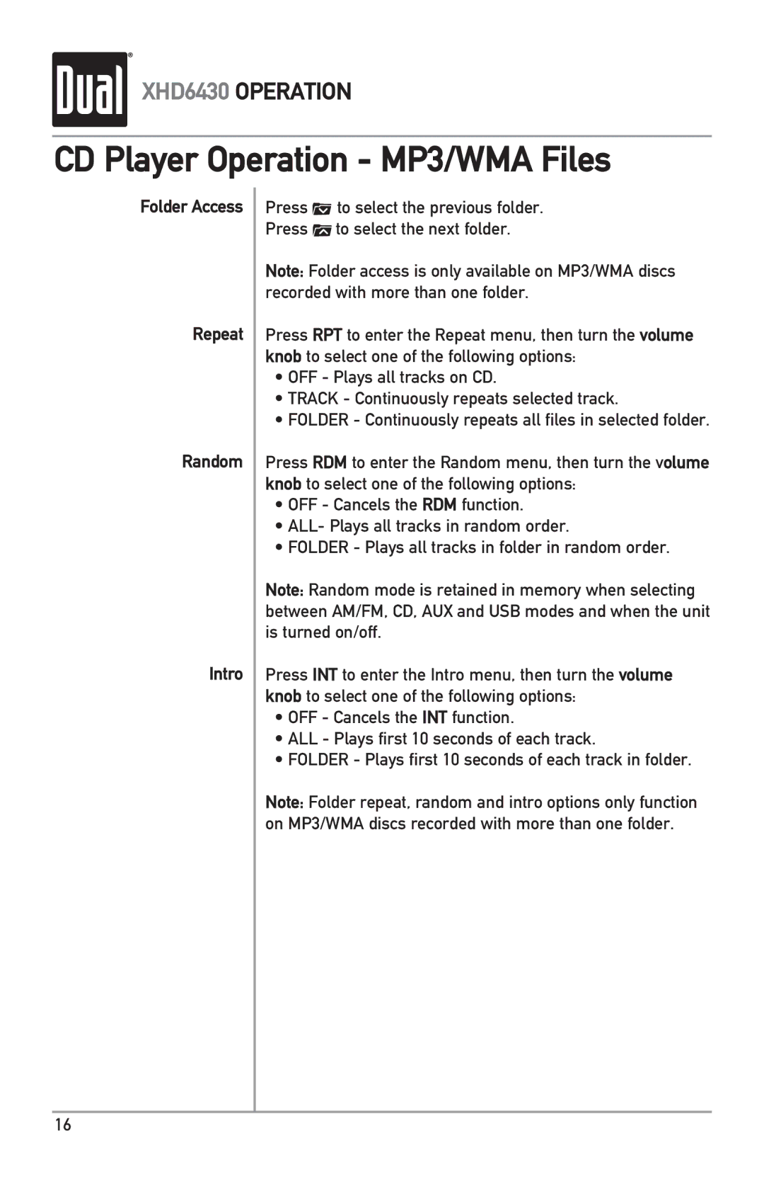 Dual XHD6430 owner manual Folder Access Repeat Random Intro 