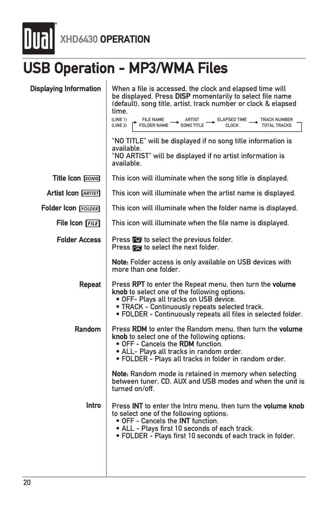 Dual XHD6430 owner manual USB Operation MP3/WMA Files 