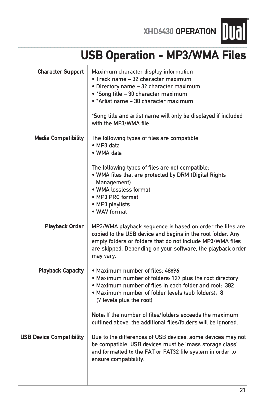 Dual XHD6430 owner manual USB Operation MP3/WMA Files 