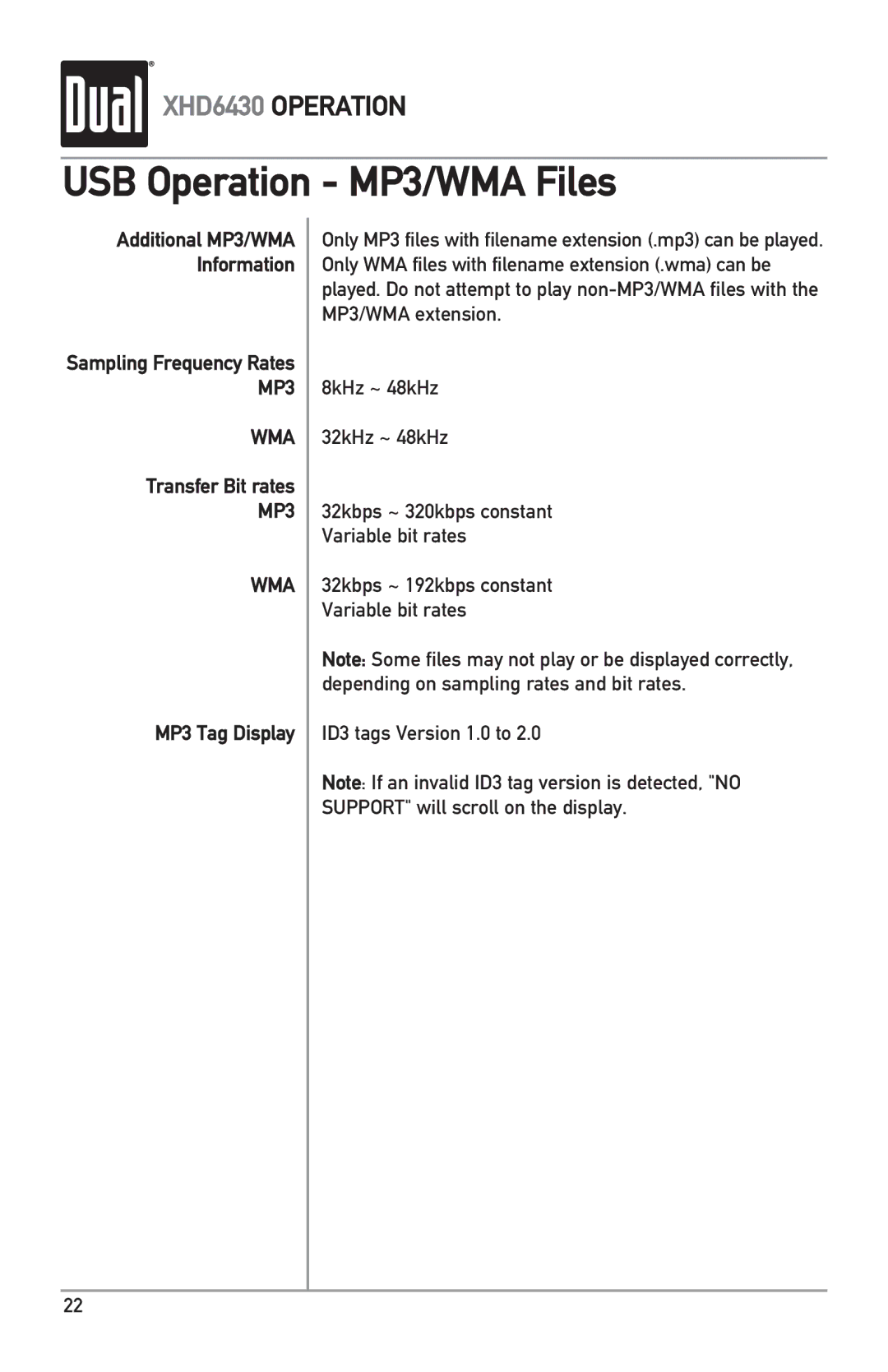 Dual XHD6430 owner manual Additional MP3/WMA Information Sampling Frequency Rates MP3 